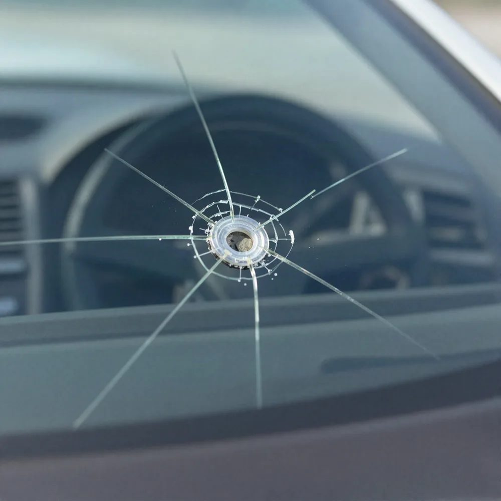 A bullseye stone chip in a car windshield with crack legs radiating out from the impact point, dashboard visible through the glass