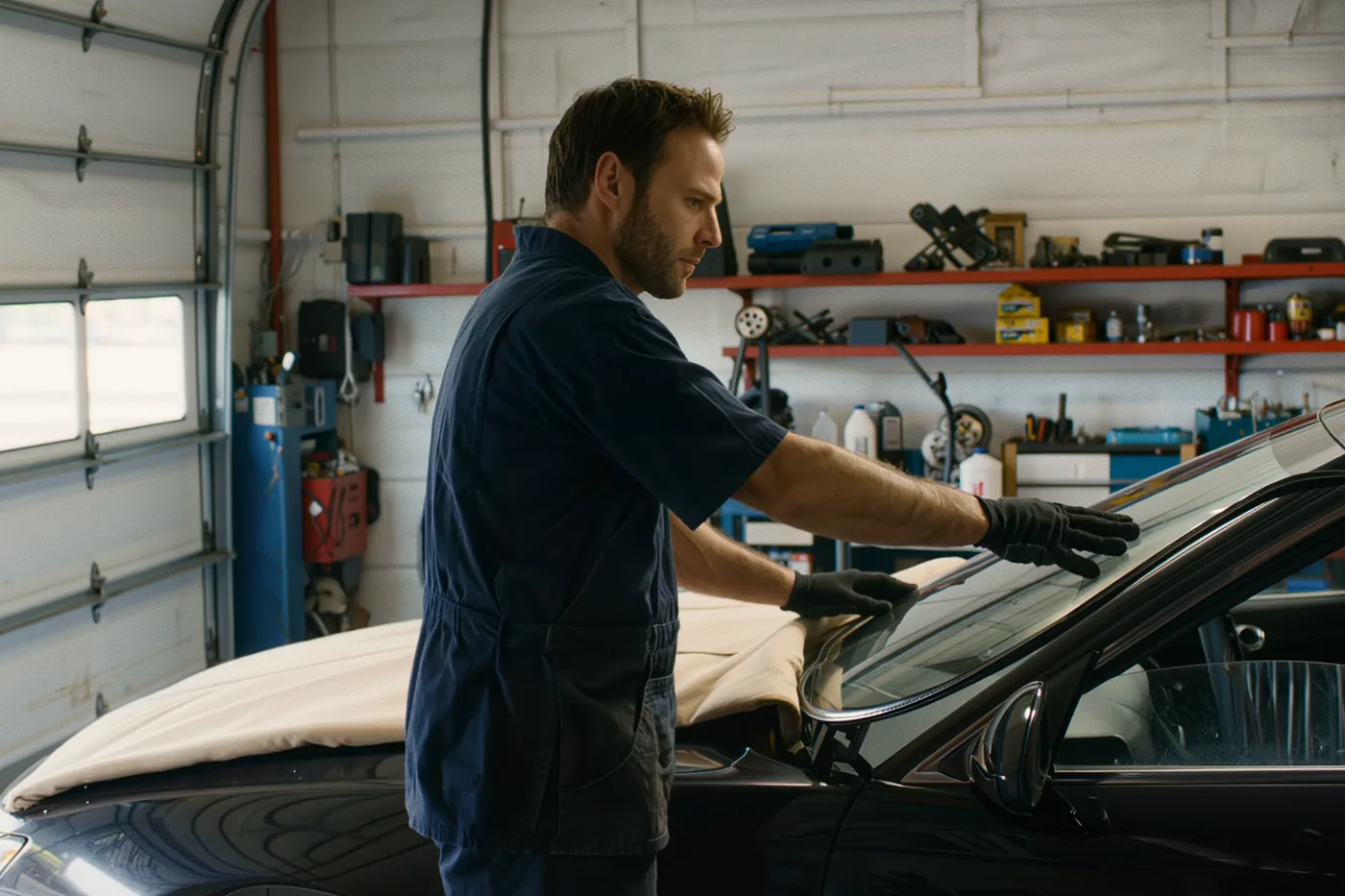 A technician in the Fishtown shop bay settling a new windshield into the frame of a dark sedan, both gloved hands on the glass